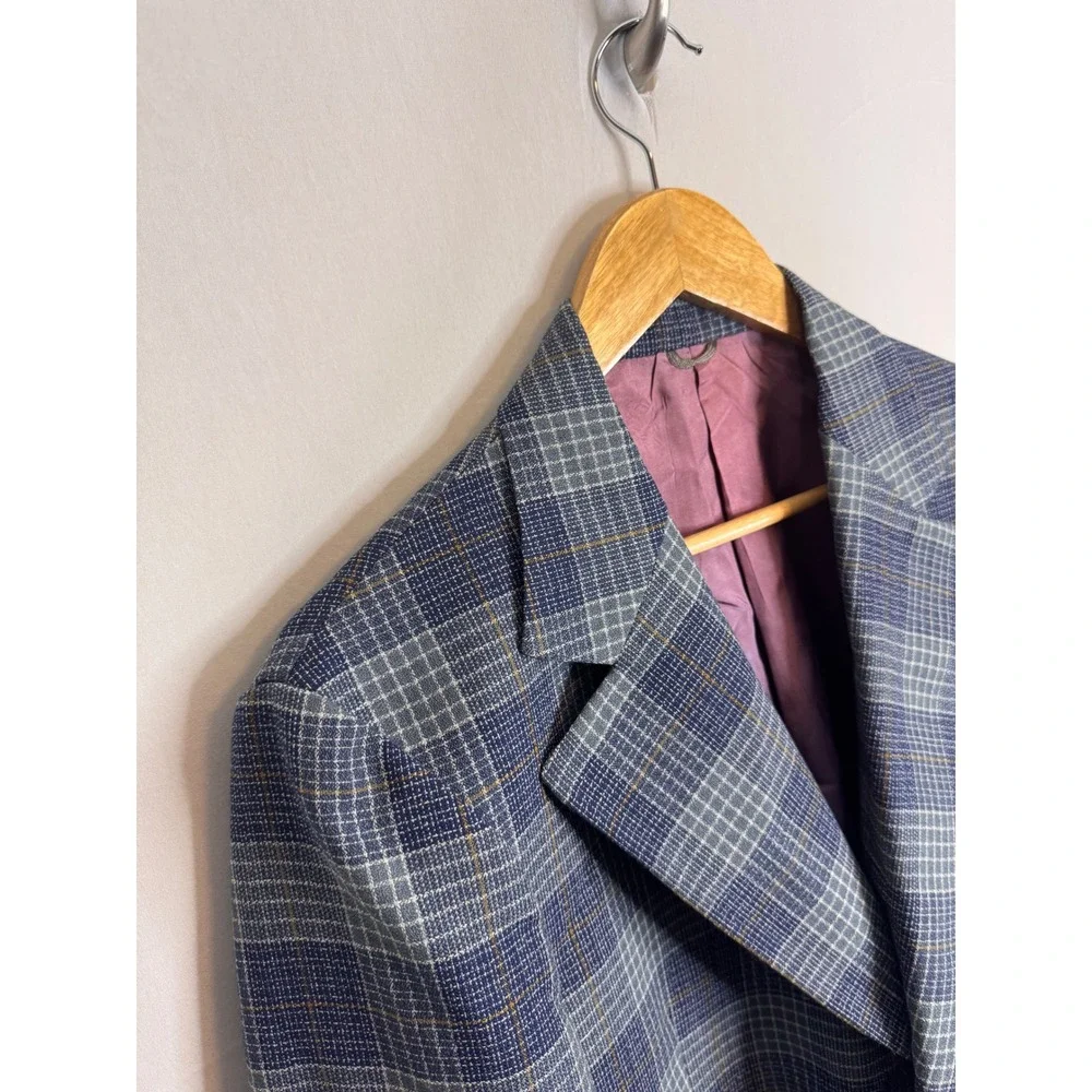 Vintage‎ Zellers Mens 40R  Shop Blue Grey Plaid Wool Blend Blazer Sport Coat 70s
